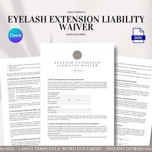Eyelash Extension Liability Waiver Form Template for Lash Technicians and Salons | Client Consent Risk Release | Editable in Word & Canva
