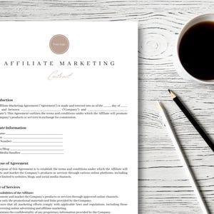 May include: A black and white document with the title "Affiliate Marketing Contract". The document outlines the terms and conditions for an affiliate marketing agreement. The document includes sections for affiliate information, purpose of agreement, scope of services, and responsibilities of the affiliate.