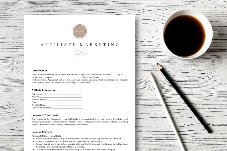 May include: A black and white document with the title "Affiliate Marketing Contract". The document outlines the terms and conditions for an affiliate marketing agreement. The document includes sections for affiliate information, purpose of agreement, scope of services, and responsibilities of the affiliate.