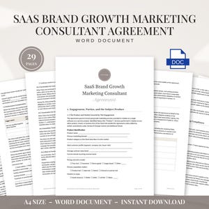 May include: A SaaS Brand Growth Marketing Consultant Agreement document template consisting of 29 pages in A4 size. The document includes sections for engagement, parties, and product identification, presented as a digital Word document file.