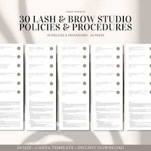 Puede incluir: Una plantilla digital titulada "30 Lash & Brow Studio Policies & Procedures". El diseño presenta un fondo claro con texto negro y un color neutro. La plantilla incluye 30 políticas y procedimientos en 60 páginas.