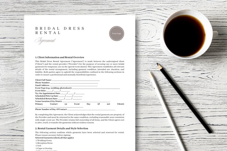 Bridal Dress Rental Agreement Template Editable Wedding Gown Contract ...