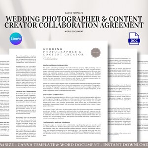 Wedding Photographer Collaboration Agreement Editable Contract for Content Creators Styled Shoots Deliverables and Intellectual Property Use
