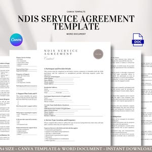 May include: A set of white A4 paper documents with the text "NDIS SERVICE AGREEMENT TEMPLATE" in black. The Canva logo is in the upper left corner. The document is a Word document and is available for instant download.