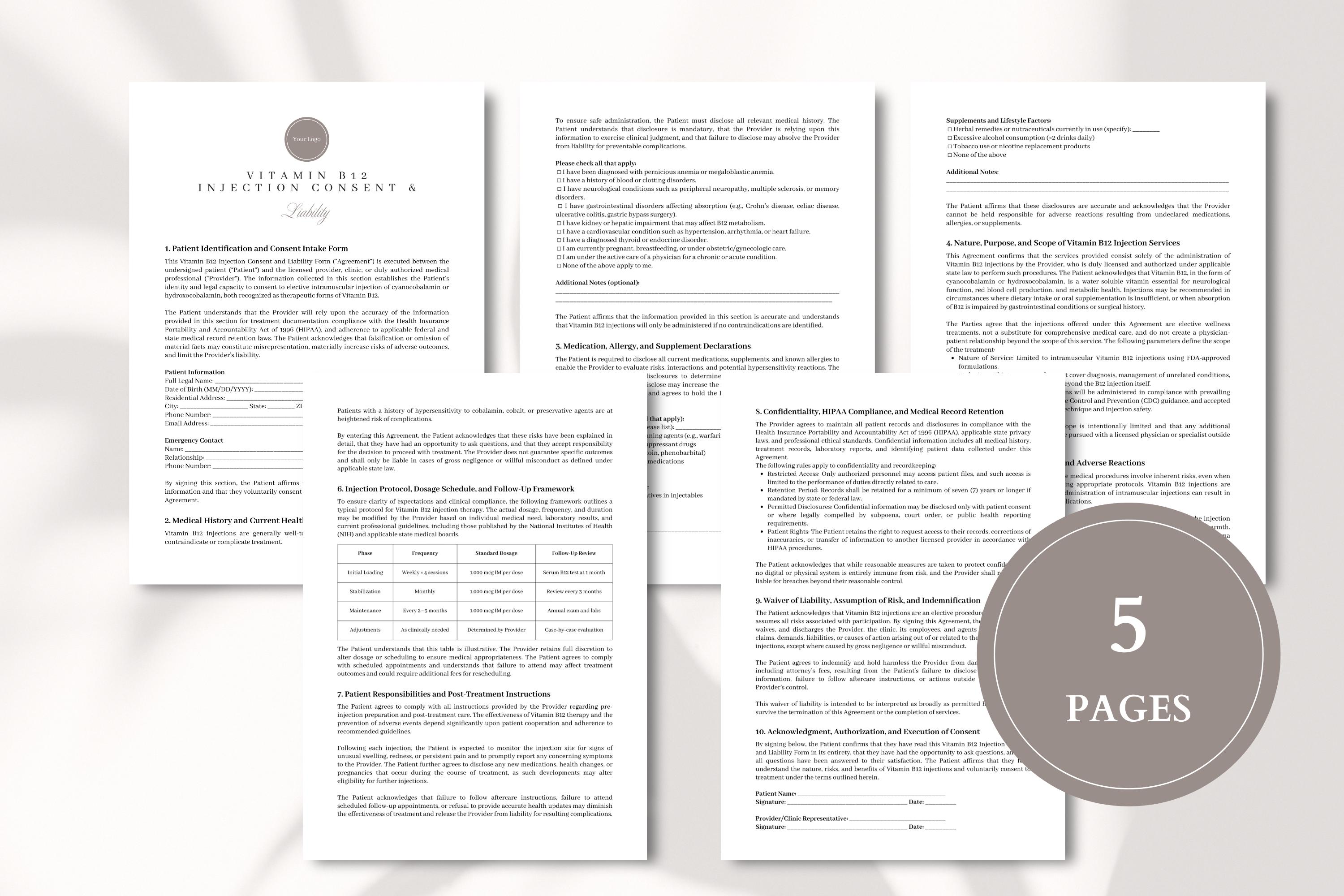 Vitamin B12 Injection Consent and Liability Waiver Form Template for  Clinics, Med Spas, and Wellness Providers | Editable in Word & Canva