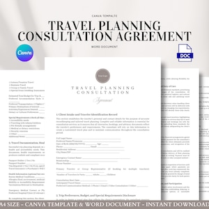 May include: A stack of white paper documents with the text "TRAVEL PLANNING CONSULTATION AGREEMENT" in black. The documents include a Canva logo and a DOC icon. The documents are for travel planning and consultation.