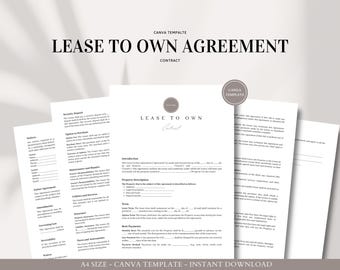 May include: A black and white lease to own agreement contract template for Canva. The template includes sections for property description, term, rent, option to purchase, and more.