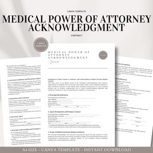 Peut inclure: Plusieurs formulaires blancs de reconnaissance de procuration médicale sont présentés. Les formulaires présentent du texte noir sur un fond neutre. Le titre "Medical Power of Attorney Acknowledgement" est visible en haut du document.