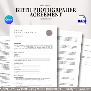 Birth Photographer Contract Editable Agreement Template for Labor Coverage Postpartum Sessions On Call Services and Client Consent