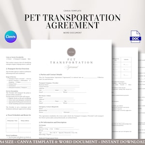 May include: A stack of white paper documents with the text "PET TRANSPORTATION AGREEMENT" in a black, bold font. The documents include a Canva logo and a DOC icon. The text "A4 SIZE - CANVA TEMPLATE & WORD DOCUMENT - INSTANT DOWNLOAD" is at the bottom.