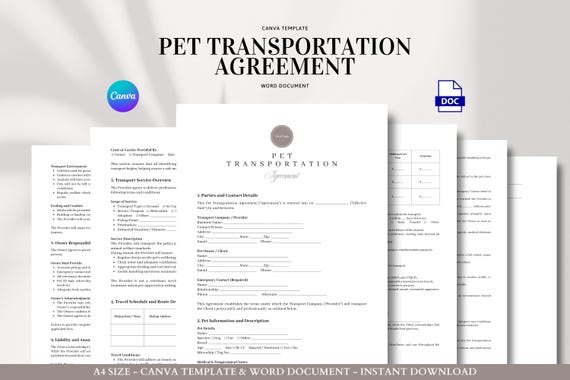 Pet Transportation Agreement Template | Animal Courier Contract, Liability Waiver, Travel Schedule, Veterinary Care & Payment Terms