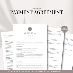 May include: A black and white printable payment agreement contract template for Canva. The template includes sections for introduction, payment details, late payment penalties, purpose of payment, and signatures.