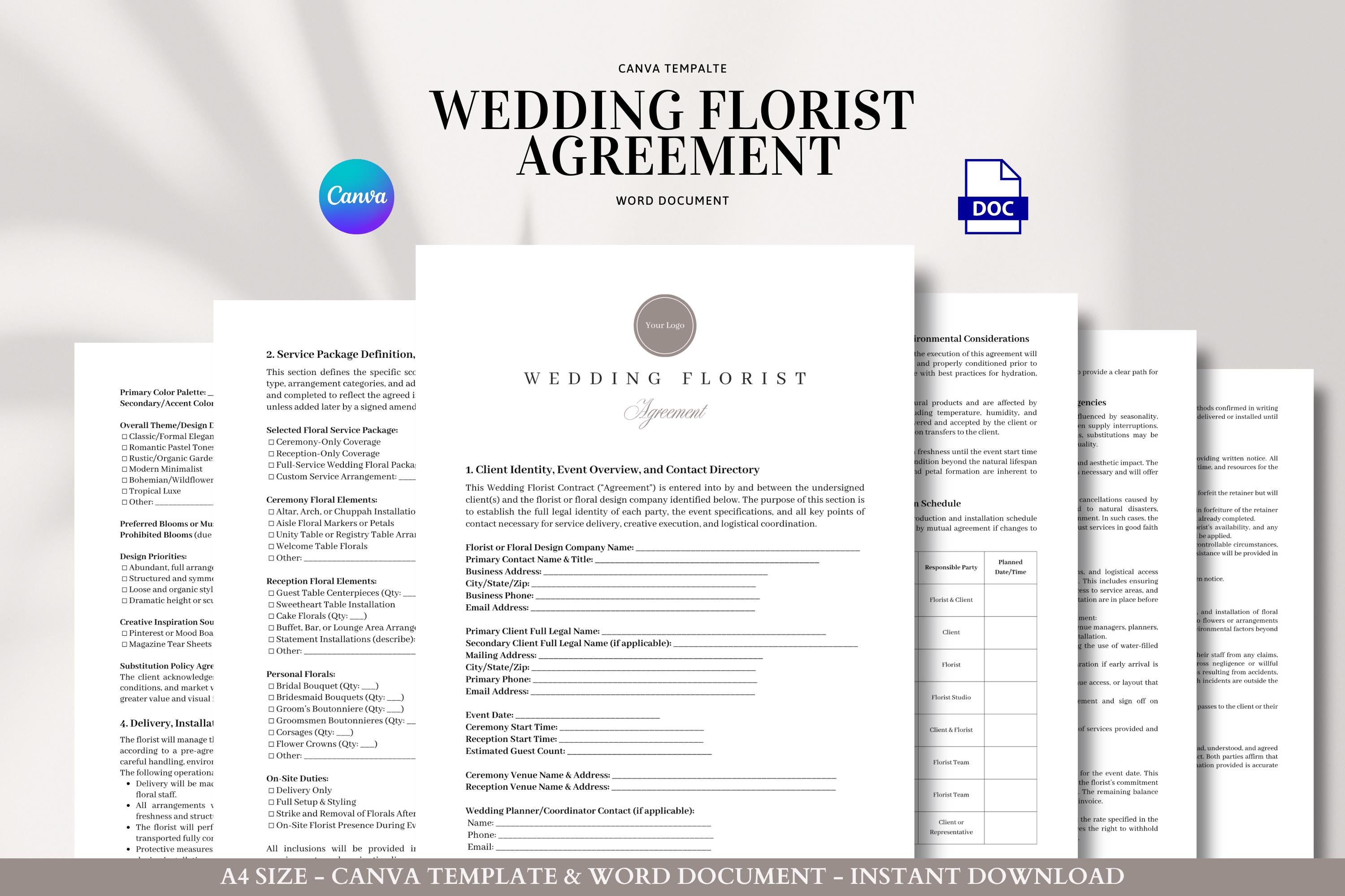 Wedding Florist Contract Template for Ceremony and Reception Floral Services, Editable in Canva and Word for Professional Floral Designers
