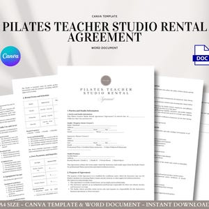 May include: A stack of white paper documents with the text "PILATES TEACHER STUDIO RENTAL AGREEMENT" in black. The documents include a Canva logo and a DOC icon. The phrase "A4 SIZE - CANVA TEMPLATE & WORD DOCUMENT - INSTANT DOWNLOAD" is at the bottom.