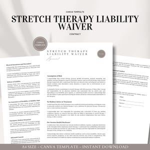 May include: A black and white printable waiver template for stretch therapy liability. The template includes a title, "Stretch Therapy Liability Waiver", and a subtitle, "Contract". The document includes sections for physical limitations and disclaimer, assumption of risk, no medical advice or treatment, pre-service health disclosure, and client agreement.