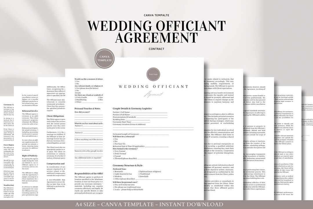 Wedding Officiant Agreement Template Editable Contract for Personalized