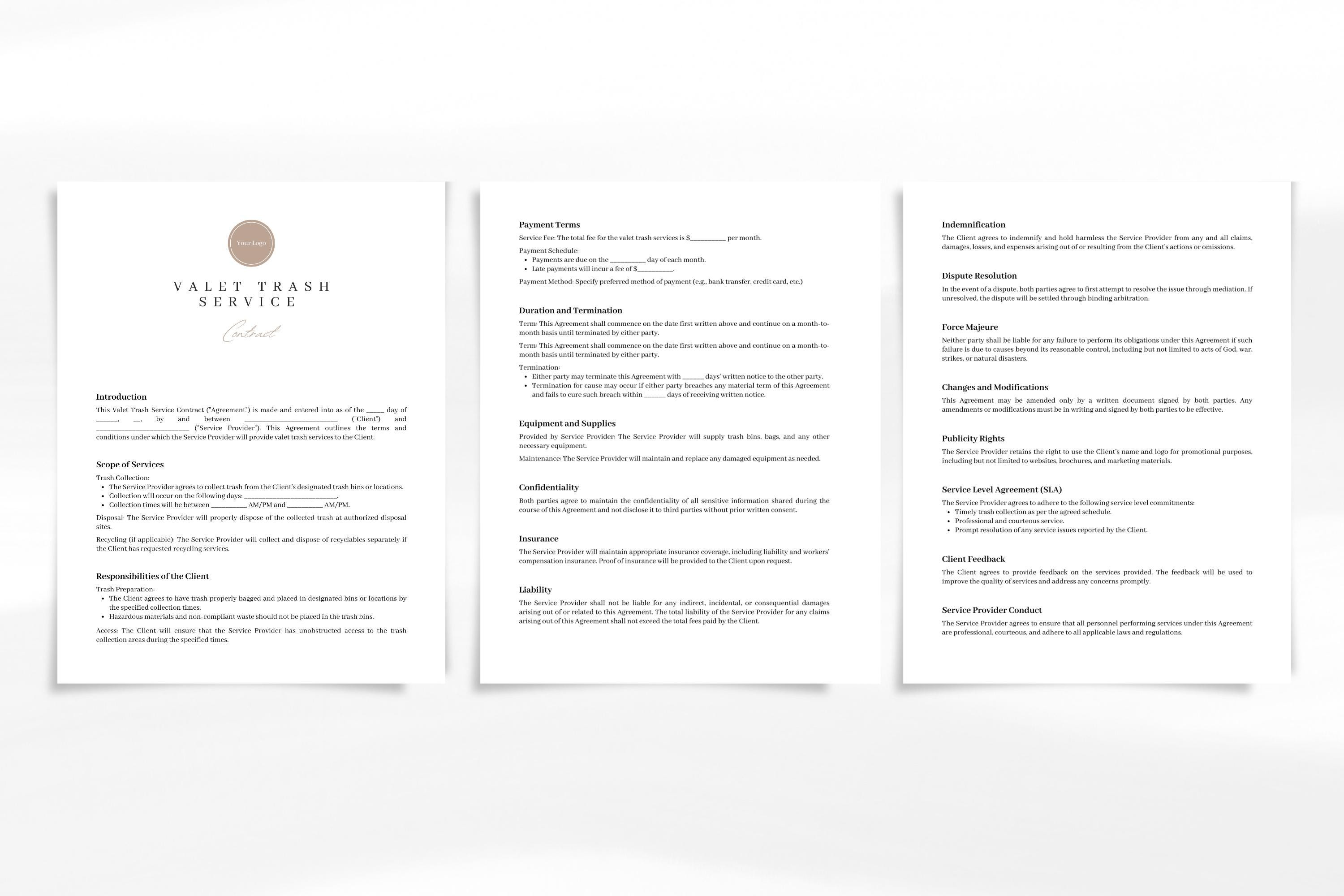 Valet Trash Service Contract Template Professional Easy to Use Etsy