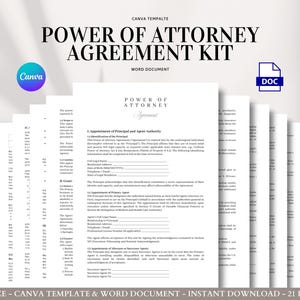 Puede incluir: Un conjunto de documentos de papel blanco tamaño A4 con el texto "POWER OF ATTORNEY AGREEMENT KIT" en negro. El logotipo de Canva es visible. Los documentos son para un documento de Word y tienen 21 páginas.