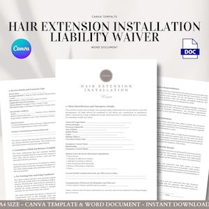 Exención de responsabilidad por instalación de extensiones de cabello, consentimiento del cliente y formulario de liberación para salones, estilistas y servicios móviles de extensiones de cabello