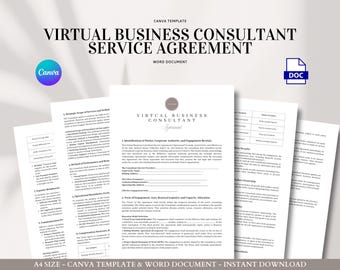 May include: A stack of white paper documents with the text "VIRTUAL BUSINESS CONSULTANT SERVICE AGREEMENT" in black. The Canva and DOC logos are visible. The documents are for a virtual business consultant.