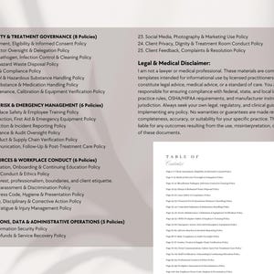May include: A document with a list of policies related to clinical safety, compliance, and human resources. The text includes a legal disclaimer and a table of contents. The document is on a white background with a shadow.