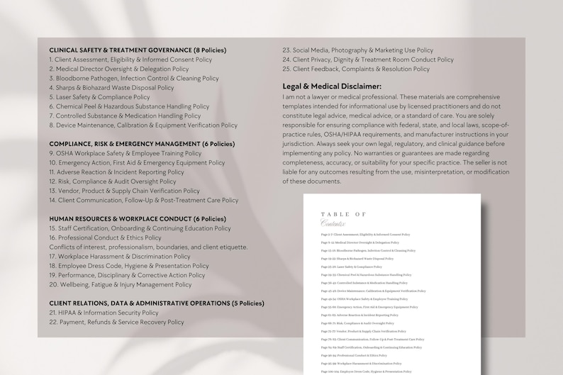 May include: A document with a list of policies related to clinical safety, compliance, and human resources. The text includes a legal disclaimer and a table of contents. The document is on a white background with a shadow.