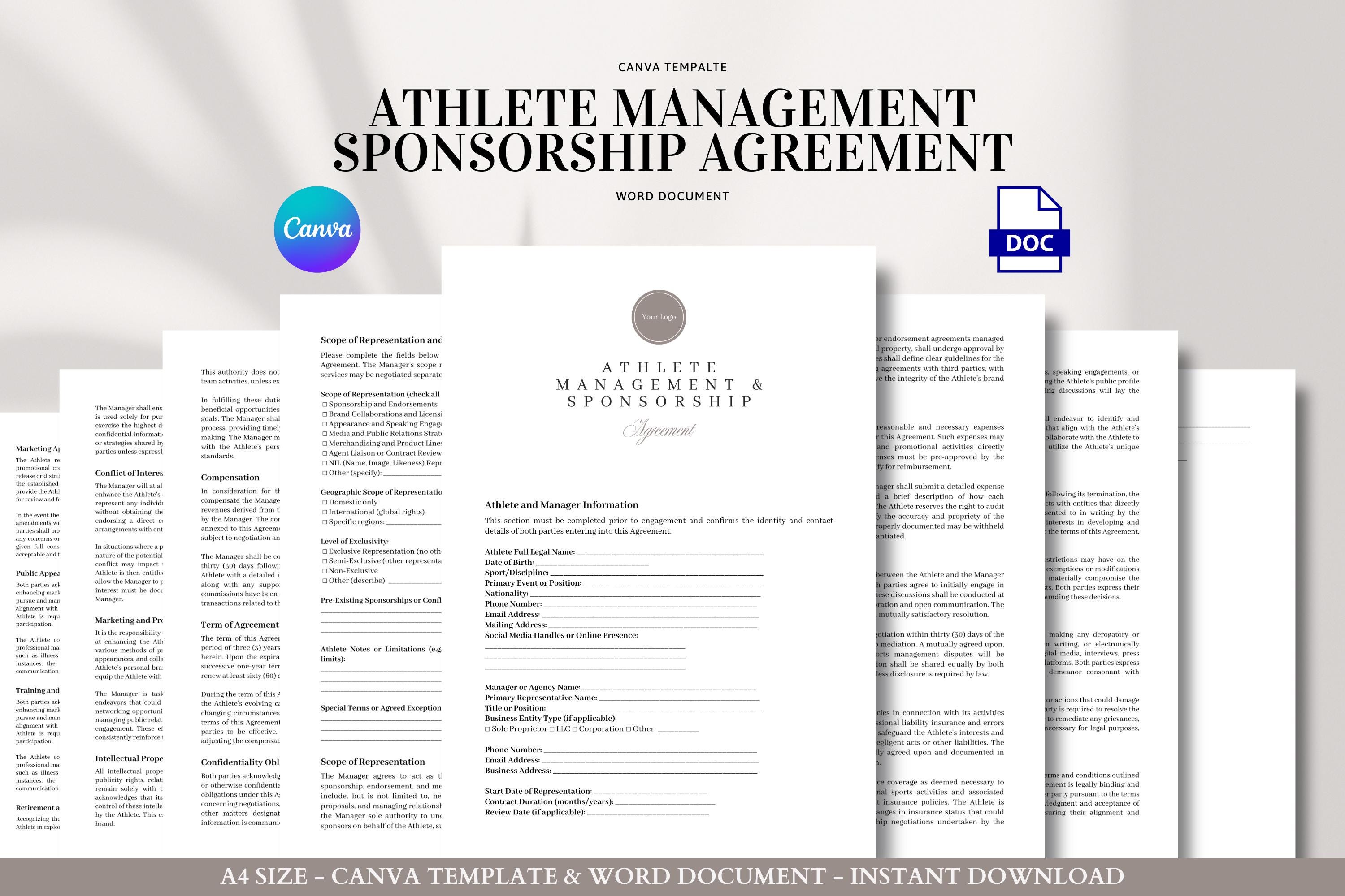 Athlete Management Sponsorship Agreement Template Editable