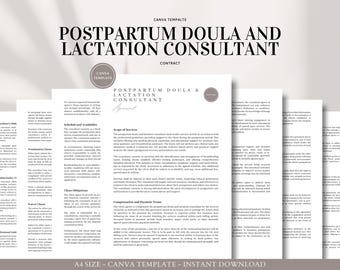 Postpartum Doula and Lactation Consultant Agreement Template Editable in Canva for Service Providers Contracts