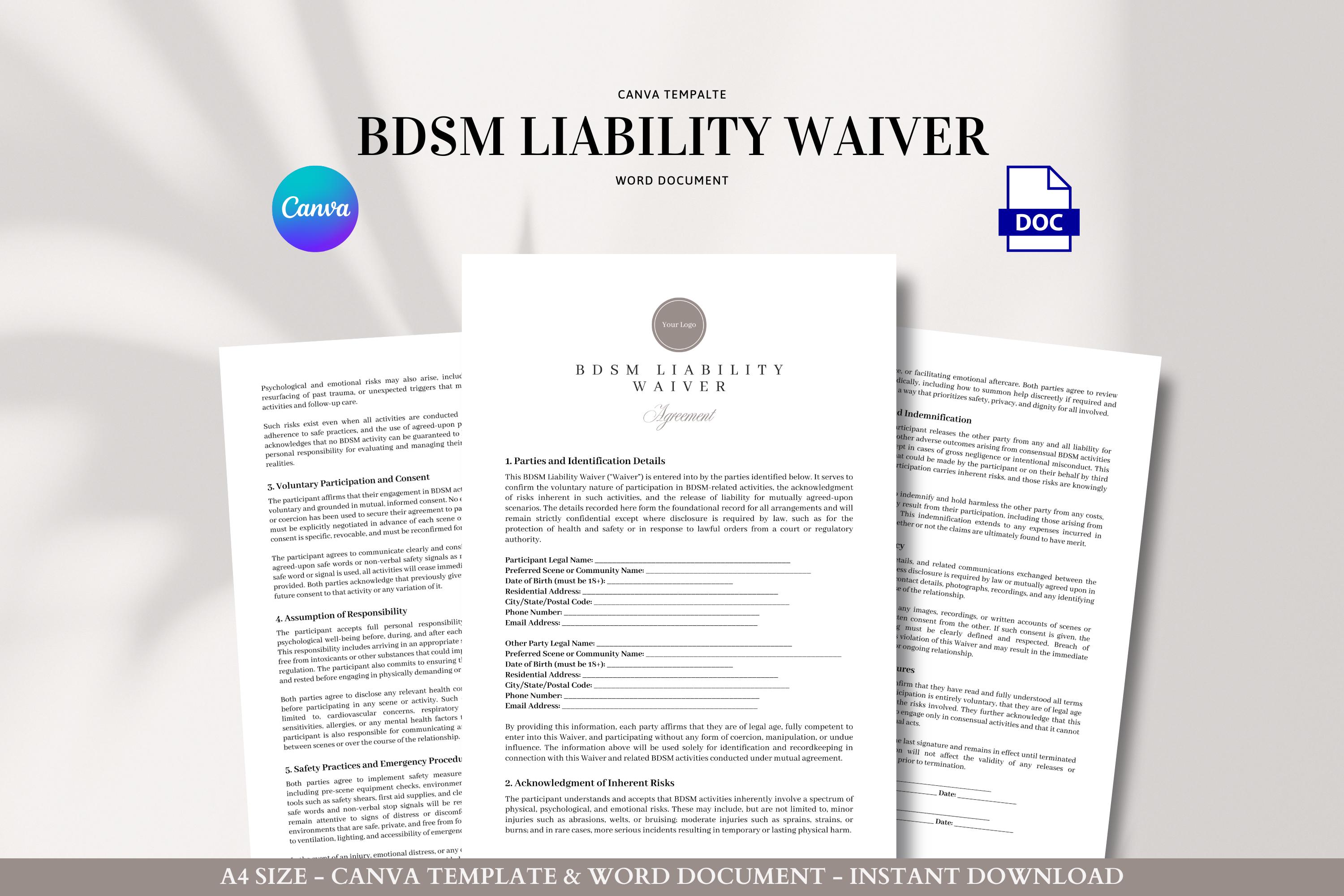 Sjabloon voor vrijstelling van aansprakelijkheid voor BDSM voor consensuele  knik- en energieuitwisselingsactiviteiten, bewerkbaar in Canva en Word -  Etsy België, image size:3000x2000