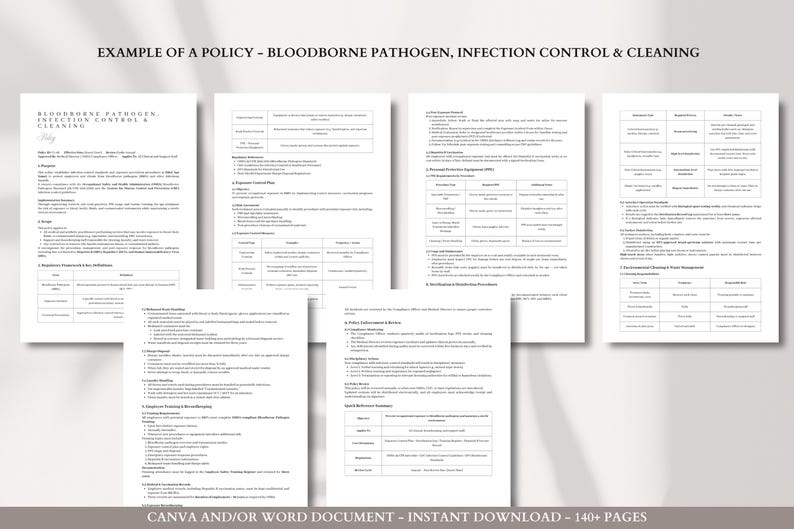 May include: A collection of white documents with black text, detailing a policy on bloodborne pathogens, infection control, and cleaning. The documents include tables and lists. Text at the bottom reads "CANVA AND/OR WORD DOCUMENT - INSTANT DOWNLOAD - 140+ PAGES."