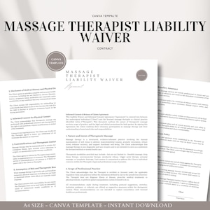 Könnte beinhalten: Eine druckbare Dokumentvorlage für einen Massagetherapeuten-Haftungsverzichtvertrag. Das Dokument enthält Abschnitte für informierte Einwilligung, Freistellungsvereinbarung, Art und Absicht der therapeutischen Massage, Umfang der Berufsausübung und mehr.