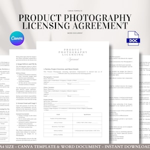 May include: A stack of white documents with the text "PRODUCT PHOTOGRAPHY LICENSING AGREEMENT" in a black, bold font. The Canva logo is in the upper left corner. A blue "DOC" icon is in the upper right corner. The document is an A4 size template.