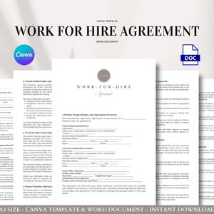 May include: A stack of white Work for Hire Agreement documents. The title "WORK FOR HIRE AGREEMENT" is displayed in black text. The Canva and DOC logos are visible. The document is an A4 size Canva template and Word document.