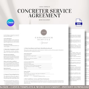 Concreter Service Agreement Contract Template for Concrete Work, Driveways, Slabs, and Construction Projects, Editable in Word and Canva