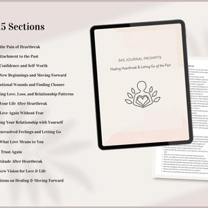 May include: A digital journal with 365 prompts for healing heartbreak and letting go of the past. The journal cover features a pink and white gradient background with a line drawing of a person holding a heart.