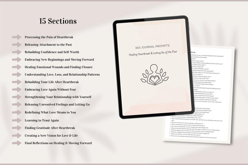 May include: A digital journal with 365 prompts for healing heartbreak and letting go of the past. The journal cover features a pink and white gradient background with a line drawing of a person holding a heart.