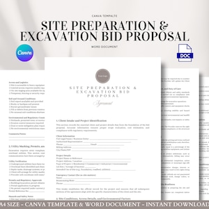 Może przedstawiać: Zestaw białych dokumentów z tekstem "SITE PREPARATION & EXCAVATION BID PROPOSAL" w profesjonalnym układzie. Dokumenty zawierają sekcje dotyczące pozyskiwania klienta i szczegółów projektu. Widoczne jest logo Canva.