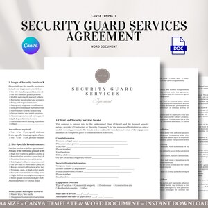 May include: A document template titled "Security Guard Services Agreement" with the Canva logo. The document is a Word document, with the text "Security Guard Services Agreement" prominently displayed. The document is A4 size and available for instant download.