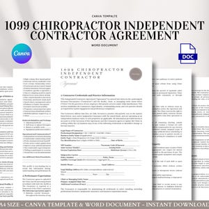 Peut inclure: Plusieurs documents en papier blanc avec le texte "1099 CHIROPRACTOR INDEPENDENT CONTRACTOR AGREEMENT" en noir. Les logos Canva et DOC sont visibles. Les documents sont pour une entreprise de chiropractie.