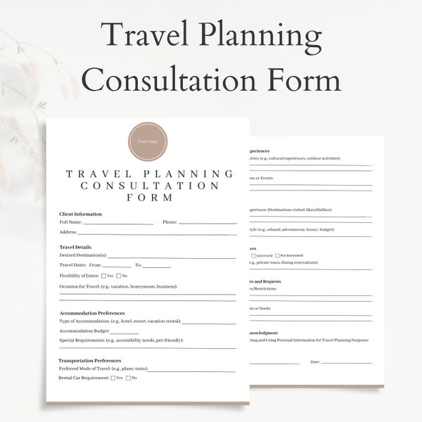 Travel Planning Consultation Form - Professional Canva Template for Travel Agents - Digital Download