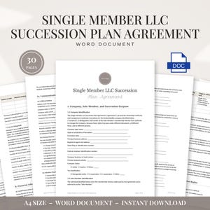 Op de afbeelding: Een sjabloon voor een Single Member LLC opvolgingsplanovereenkomst, bestaande uit 30 pagina's op A4-formaat. Het document is beschikbaar als Word-bestand en bevat secties voor bedrijfsidentificatie en details over het enige lid.