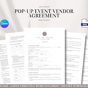 May include: A stack of white paper documents with the text "POP-UP EVENT VENDOR AGREEMENT" and "WORD DOCUMENT". The Canva and DOC logos are visible. The documents are A4 size and are a Canva template.
