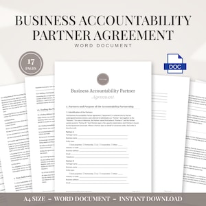 Puede incluir: Una plantilla digital de Business Accountability Partner Agreement en tamaño A4, presentada como documento de Word. El documento incluye 17 páginas de texto con secciones para la identificación de socios, propósito y estructuras de seguimiento.