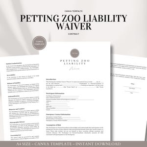 May include: A printable waiver template for a petting zoo, with the title "Petting Zoo Liability Waiver" and the text "Contract" in a gray box. The template includes sections for participant information, emergency contact information, and an assumption of risk.