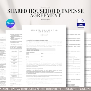 Puede incluir: Una pila de documentos de papel blanco titulados "SHARED HOUSEHOLD EXPENSE AGREEMENT" con los logotipos de Canva y DOC. Los documentos están dispuestos en un formato en capas, mostrando el contenido del acuerdo, incluidas secciones sobre gastos compartidos y procedimientos de pago.