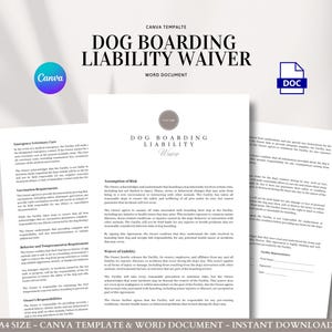 Ontheffing van aansprakelijkheid voor hondenpension Bewerkbaar toestemmingsformulier voor kennels &#39;s nachts huisdierverzorging Gedragsrisico&#39;s en dierenartsenhulpdiensten