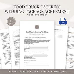 May include: A 31-page Food Truck Catering Wedding Package Agreement in A4 size, presented as a Word document. The document includes sections for wedding event details, parties, and package identification with blank lines for information entry.