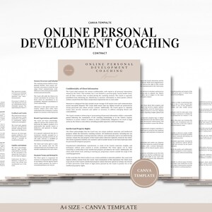 May include: A black and white contract template for online personal development coaching. The document includes sections on confidentiality, intellectual property rights, and payment terms. The template is designed for use with Canva.