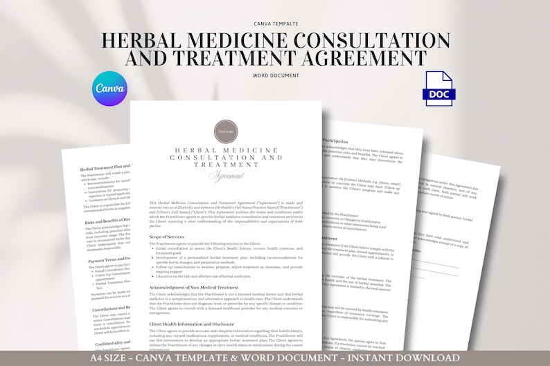 Herbal Medicine Consultation Agreement Template Natural Health Intake Form Client Consent Holistic Treatment Plan Herbalist Disclosure image 1