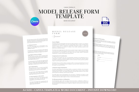 Model Release Form Template Editable Photography Consent and Usage Agreement for Commercial, Portrait, and Content Creators